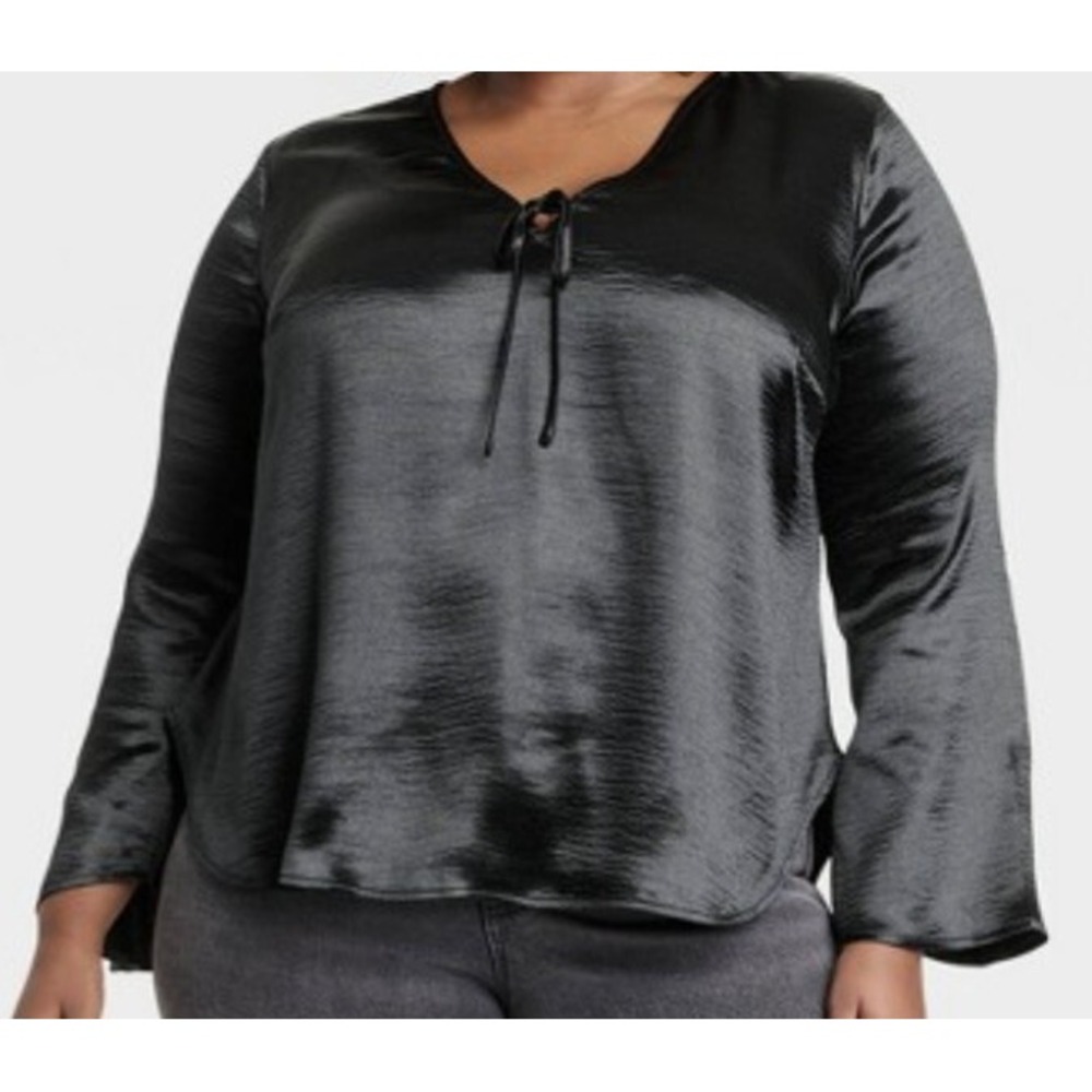 Ava & Viv Satin Blouse V-Neck Tie Front Flared Long Sleeve Black Women's 2X